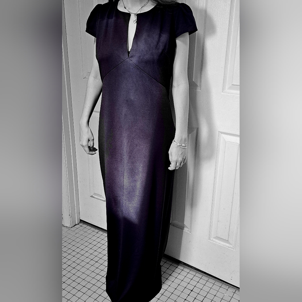 VfEmage Black Maxi Dress Deep Cleavage V Stretch Thick Knit Fabric Cap Sleeve